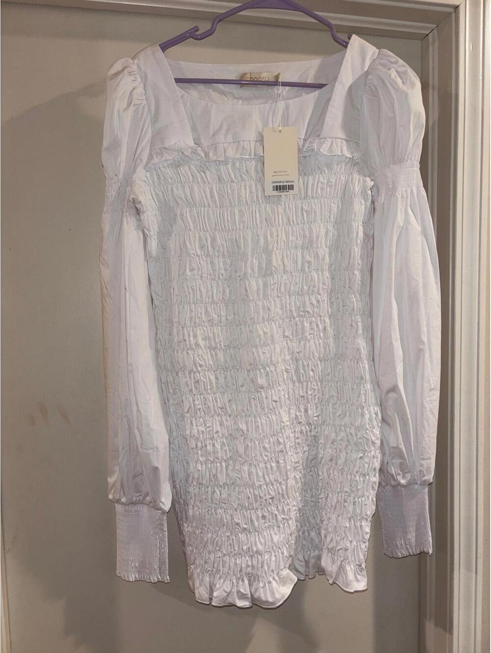 NWT Choosy White Smocked Mini Dress Large Cottagecore Puff Sleeve | Stretch Fit - Picture 2 of 6
